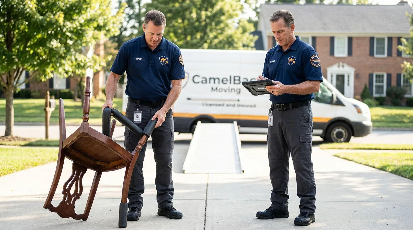 Movers inspecting furniture for damage prevention before loading in Tazewell, VA